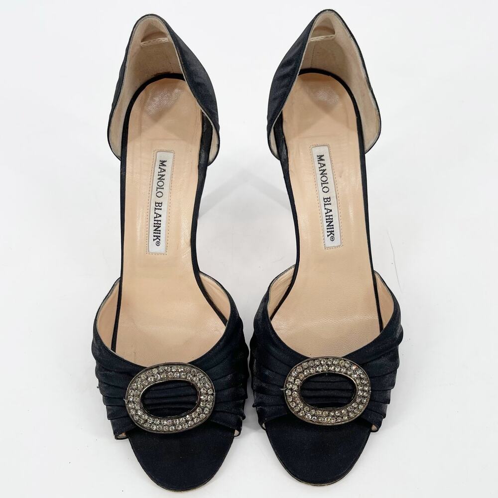 Manolo Blahnik y2k Black Satin Sedaraby Crystal D’Orsay Peep Toe Heels IT 39 - Picture 5 of 11
